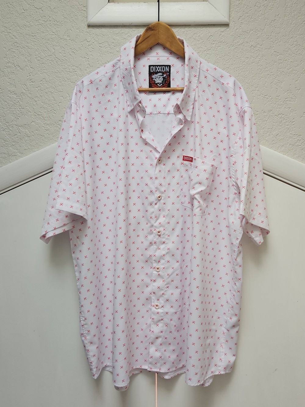 Dixxon White Short-Sleeve Button-Up Shirt with Red Micro Print